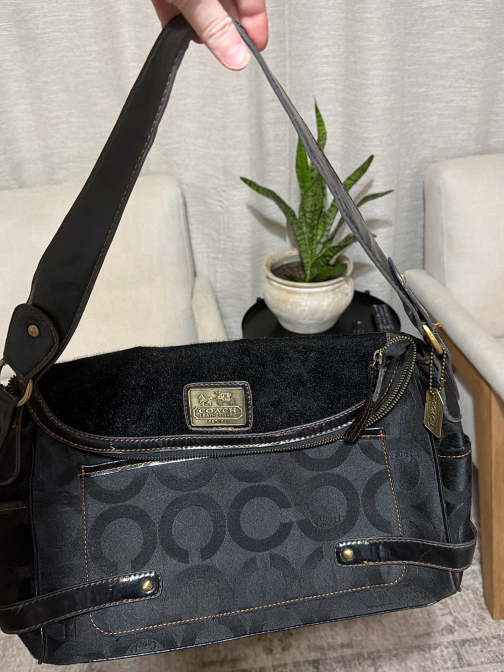 Coach Black Signature Canvas Shoulder Bag with Leather Trim